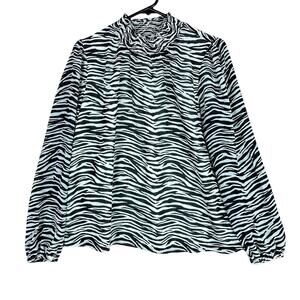 J Crew Womens Blouse Black Cream Zebra Animal Print Mock Neck Long Sleeve S